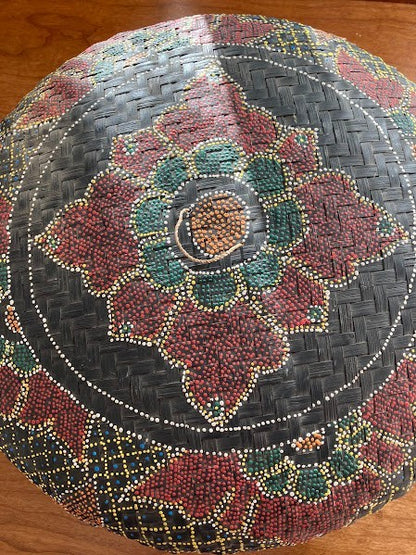 Boho Dot Art Basket - Balinese Rattan Basket/Lid Hand Woven and Painted
