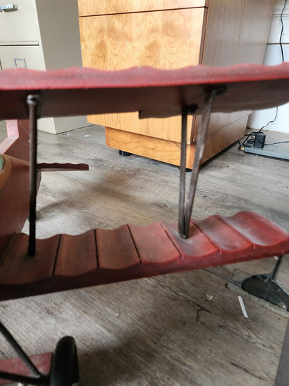 Vintage Large Red Baron Wooden Bi Plane w/ Metal Wheels