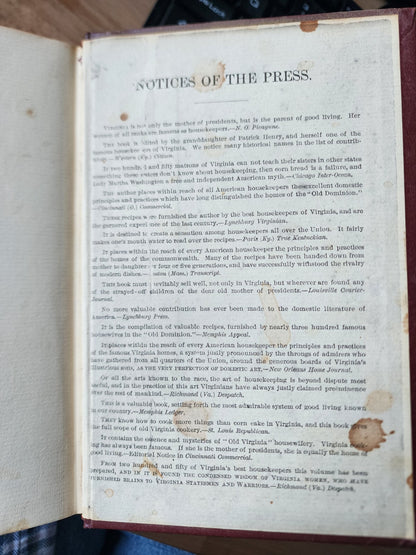Housekeeping In Old Virginia 1879 Edition Cookbook vtg Hardcover