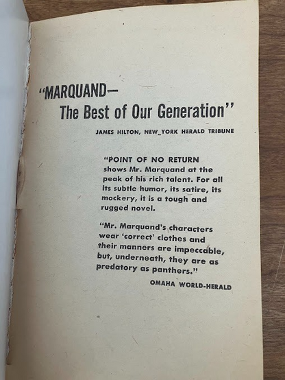 Vtg Paperback -POINT OF NO RETURN By John P. Marquand