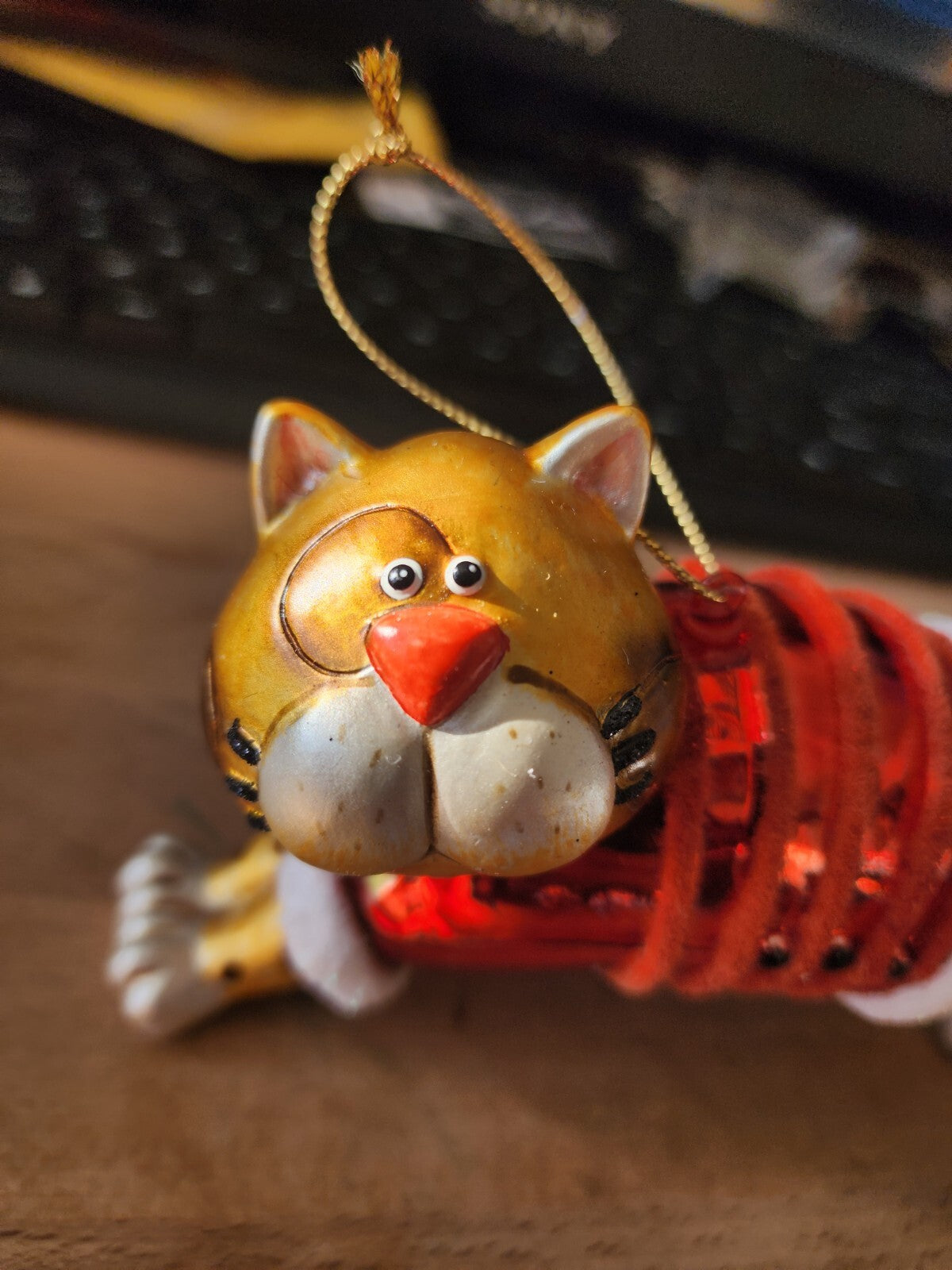 5.25" Orange Cat In Red Sweater Stretching Christmas Ornament