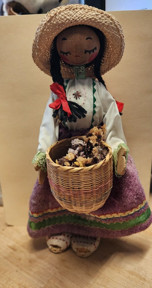 12" Vintage Wooden doll with Flower Basket