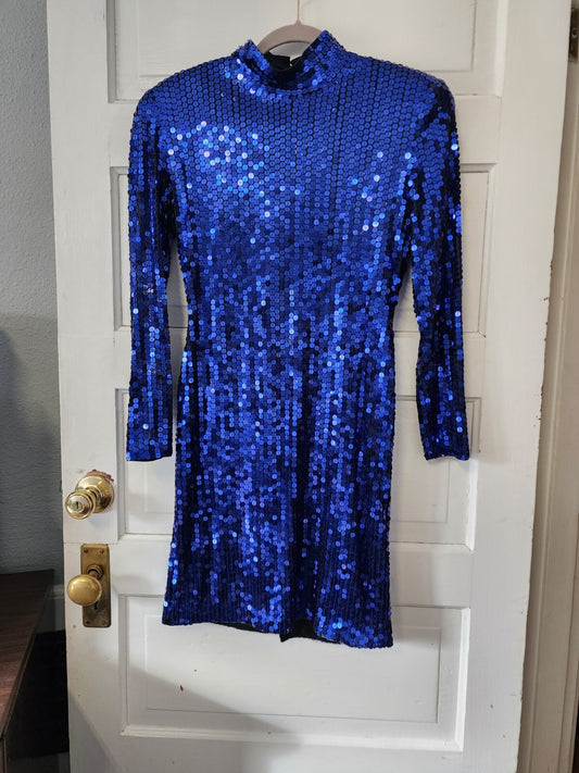 Oleg Cassini Blue Sequins - Sz 6 Vintage Dress w/ shoulder pads