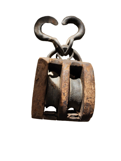 Antique Wooden Snatch Block Double Pulley Farm Tool With Two Hooks