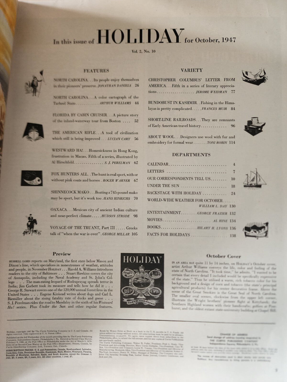 1947 OCTOBER HOLIDAY MAGAZINE - NORTH CAROLINA NICE FRONT COVER - E 1227
