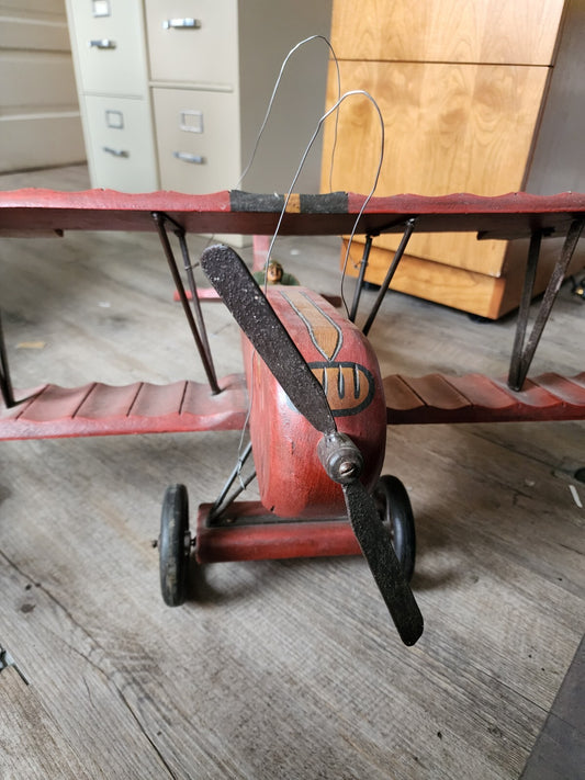 Vintage Large Red Baron Wooden Bi Plane w/ Metal Wheels