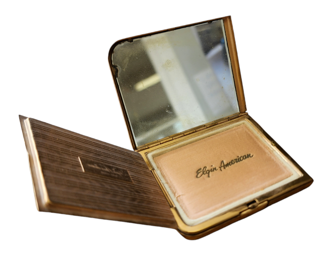 Vtg Elgin Brass American Compact Engraved "Mother" USA